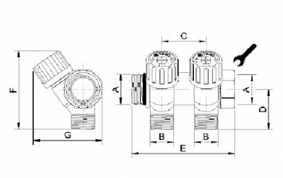 1135954 USYSTEMS коллектор SH 1" с вентилями НР/ВР 3x1/2"НР, ц/ц 38мм '5И